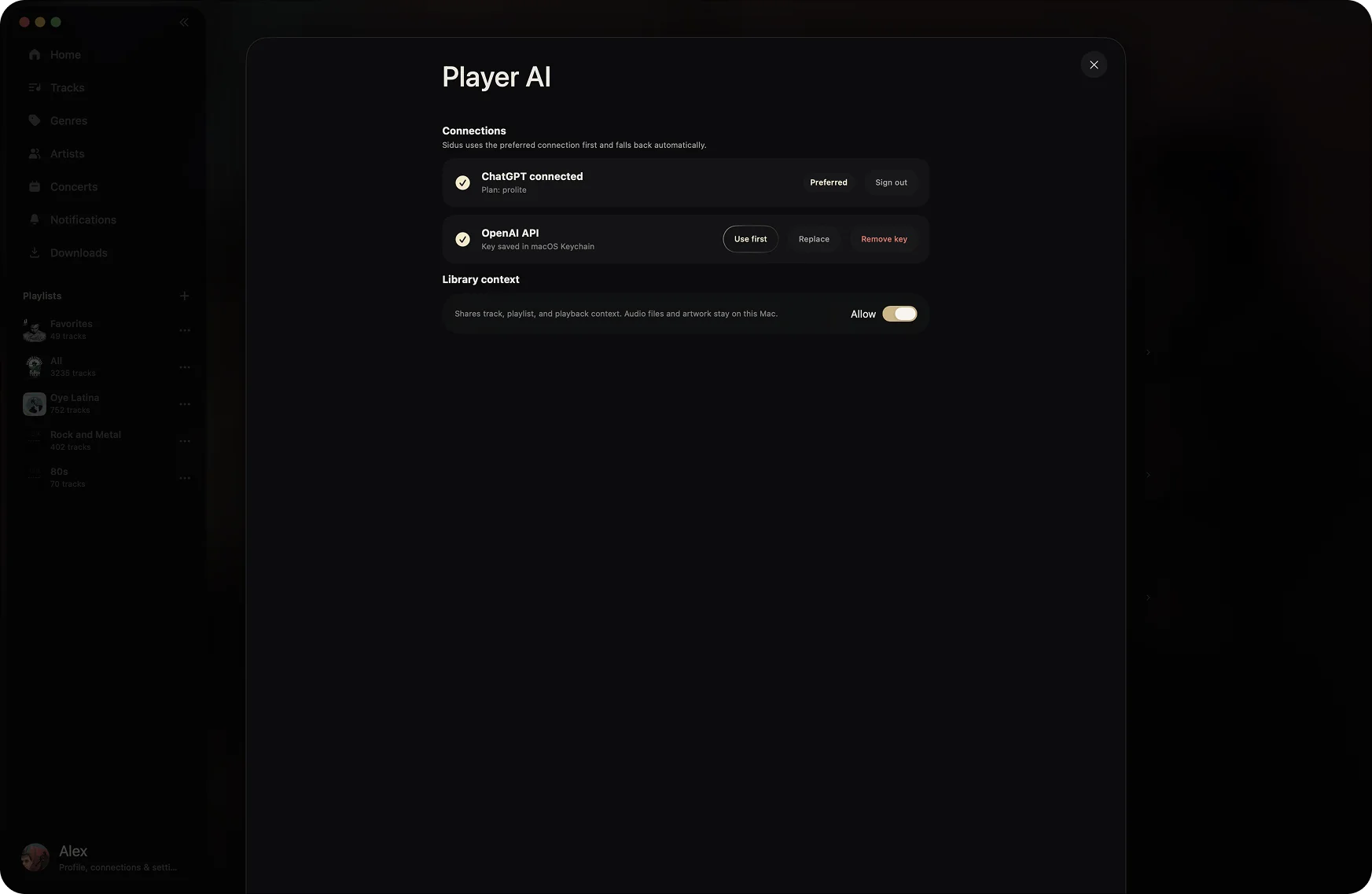 Player AI connections and library context controls in Sidus on macOS