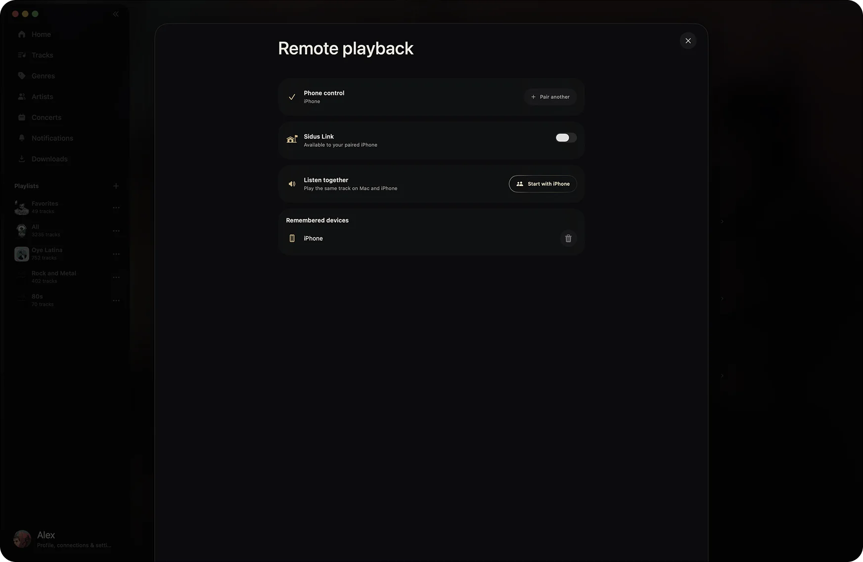 Sidus remote playback settings on macOS