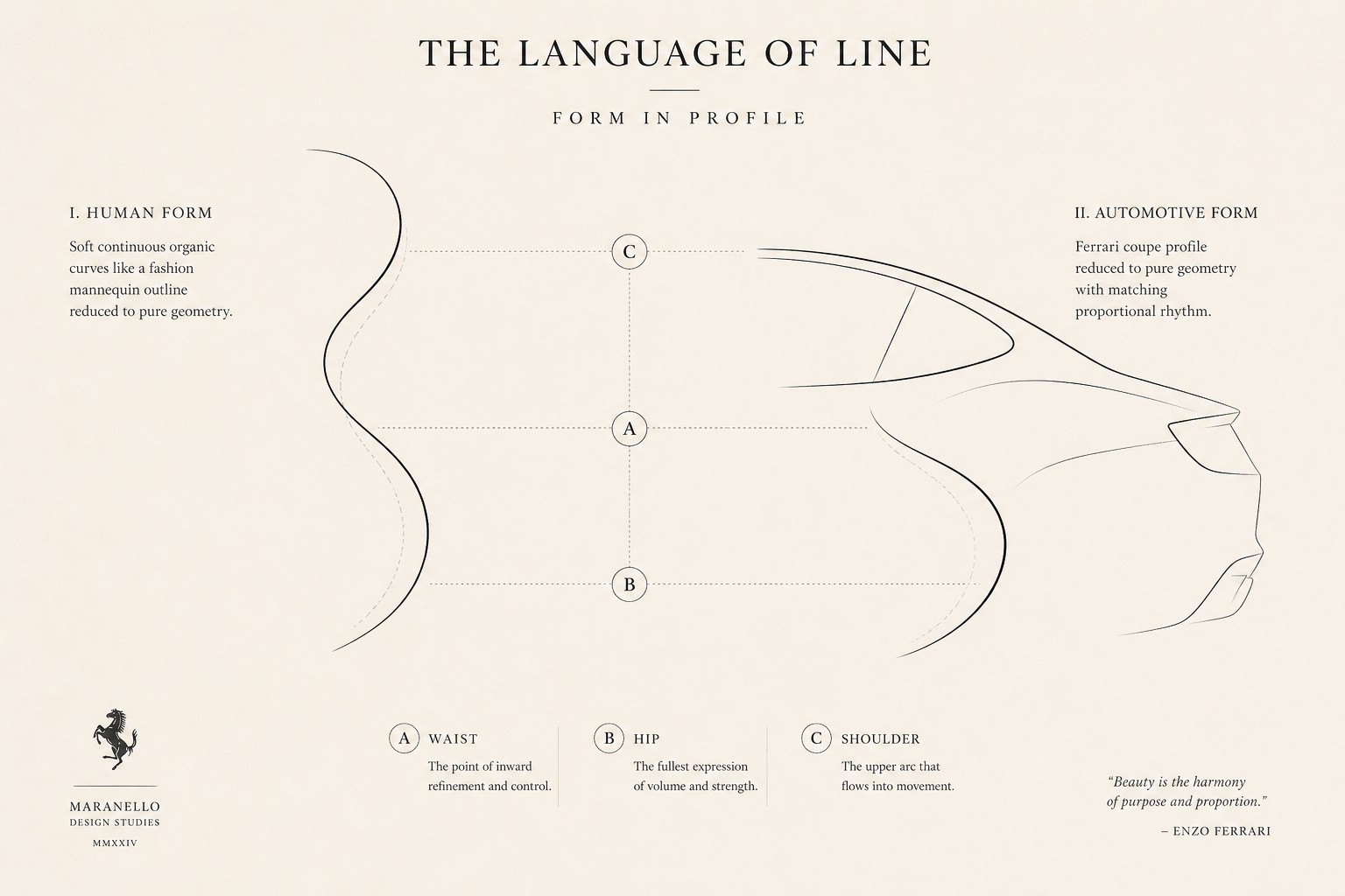 Diagram comparing organic S-curves to a Ferrari side profile silhouette