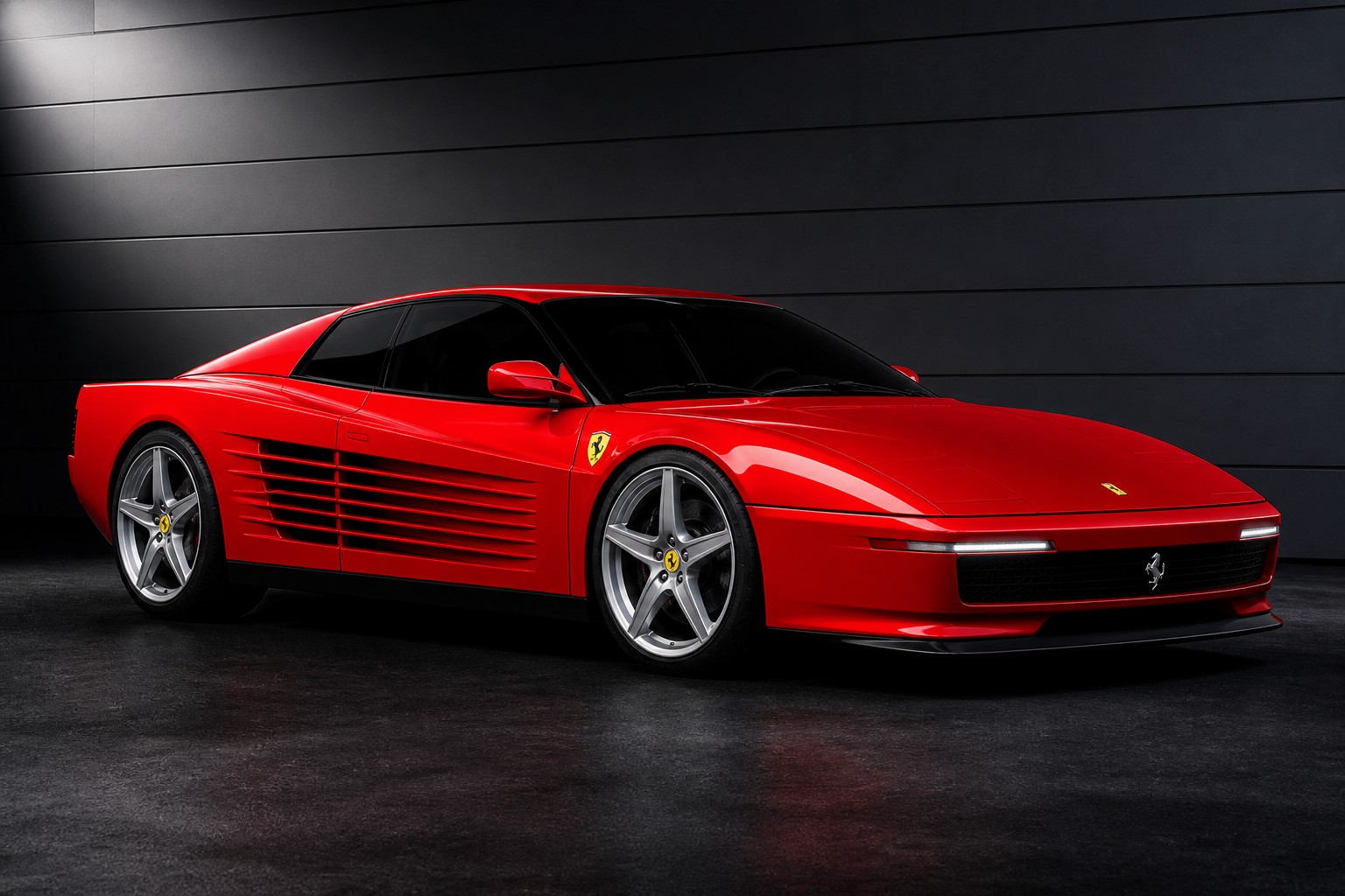 1980s-inspired Ferrari electric sedan concept in Rosso Corsa red