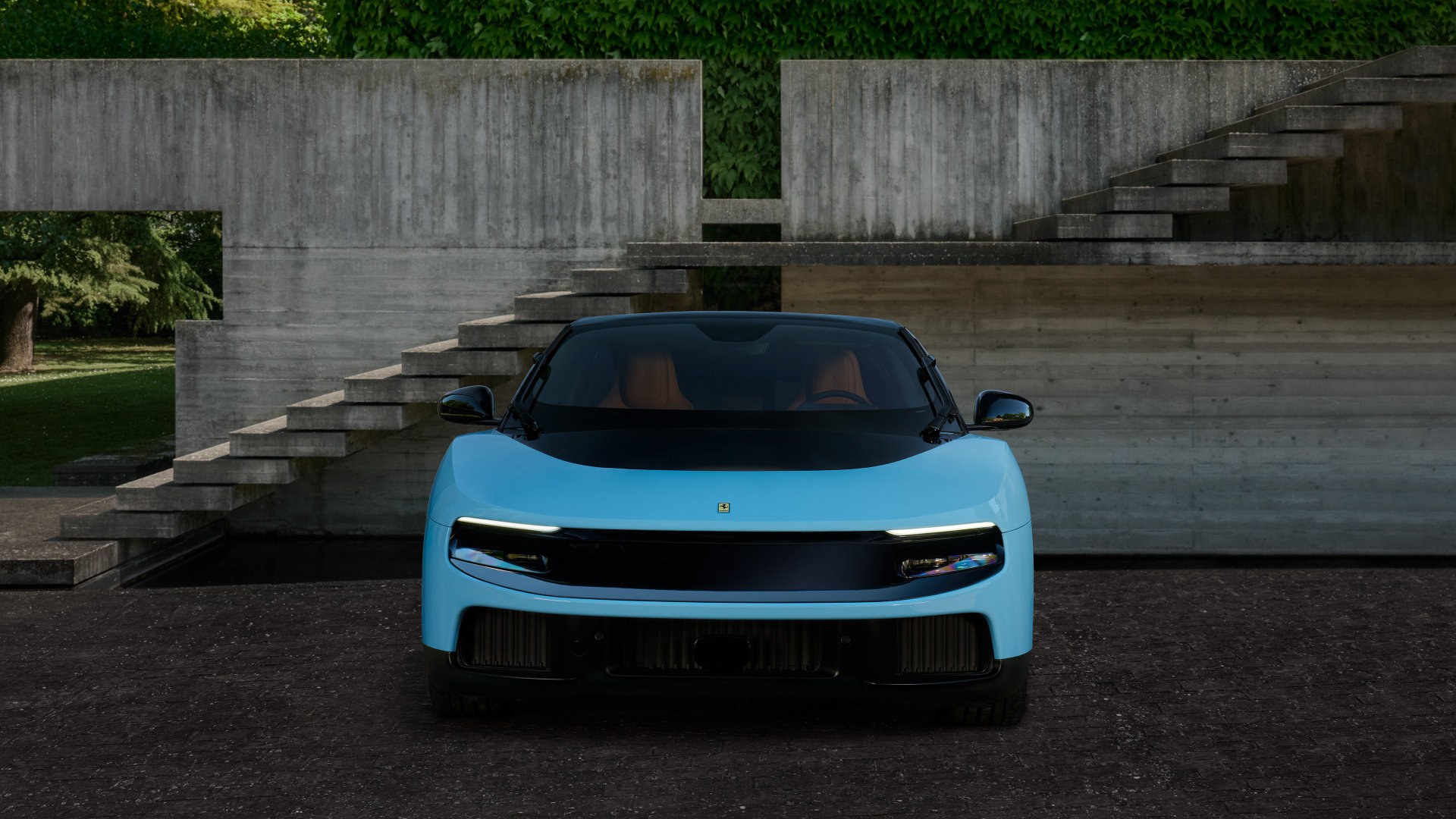Ferrari Luce front view in Azzurro La Plata, official Ferrari media