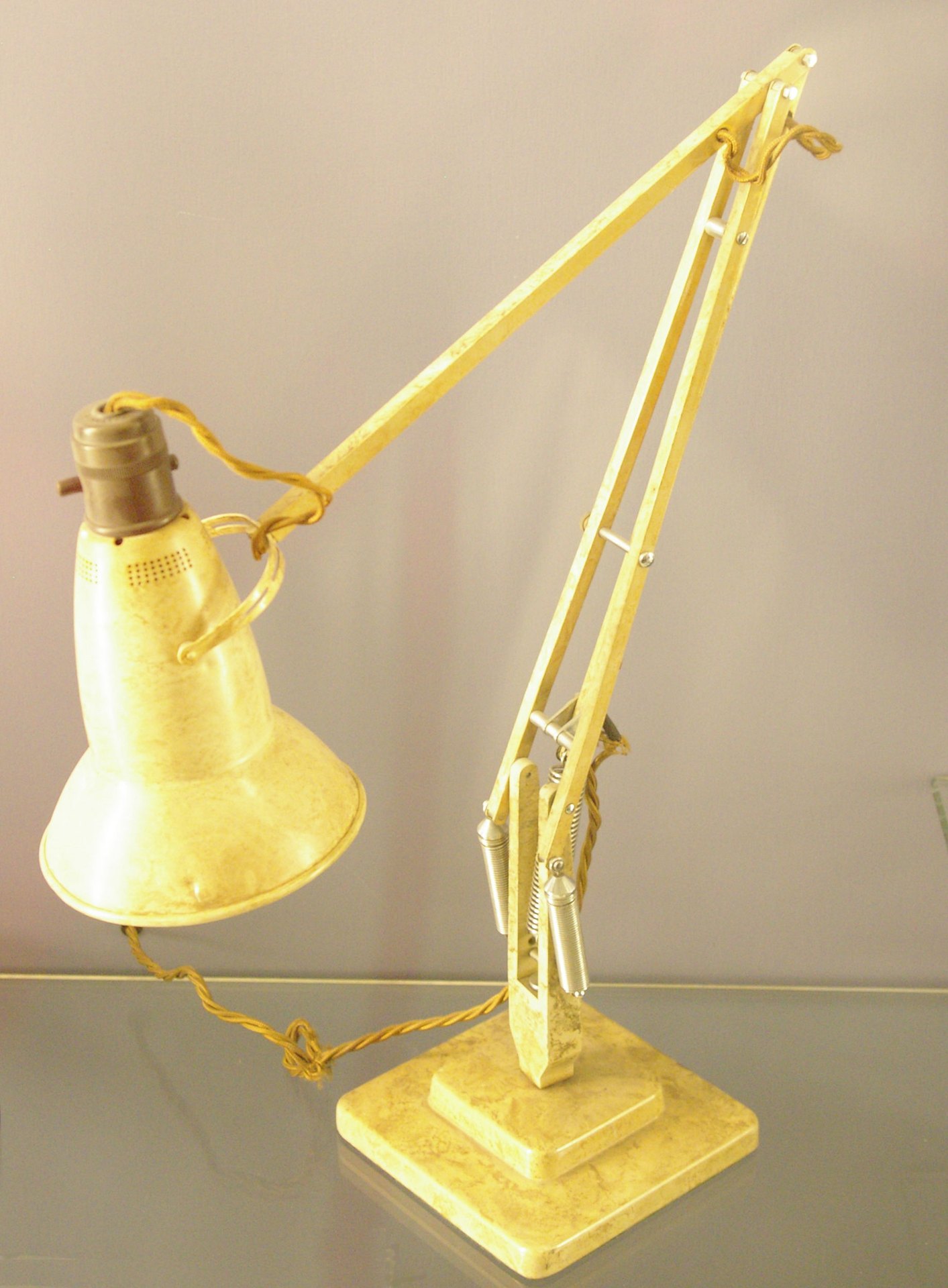 Anglepoise 1227 task lamp with three exposed springs and cream shade